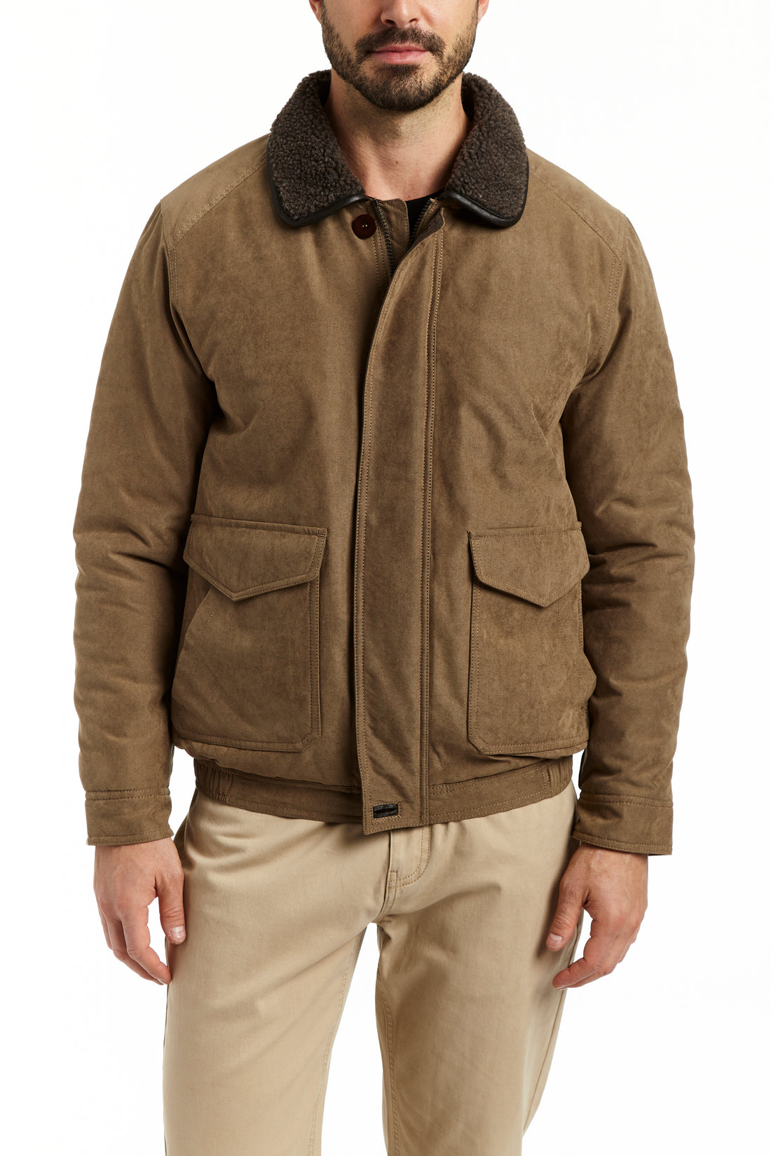 HERITAGE MICRO OXFORD SHERPA TRIMMED BOMBER JACKET